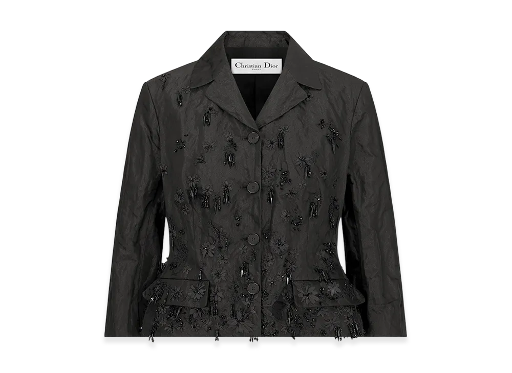 Dior Women's Fitted Jacket with Three-Quarter Sleeves Silk Radzimir Crinkled Effect "Black"