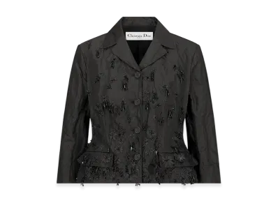 Dior Women's Fitted Jacket with Three-Quarter Sleeves Silk Radzimir Crinkled Effect "Black"