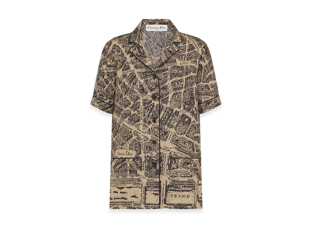 Dior Women's Short-Sleeved Shirt Silk Twill Plan Paris Motif "Beige/Black"