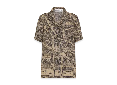 Dior Women's Short-Sleeved Shirt Silk Twill Plan Paris Motif "Beige/Black"