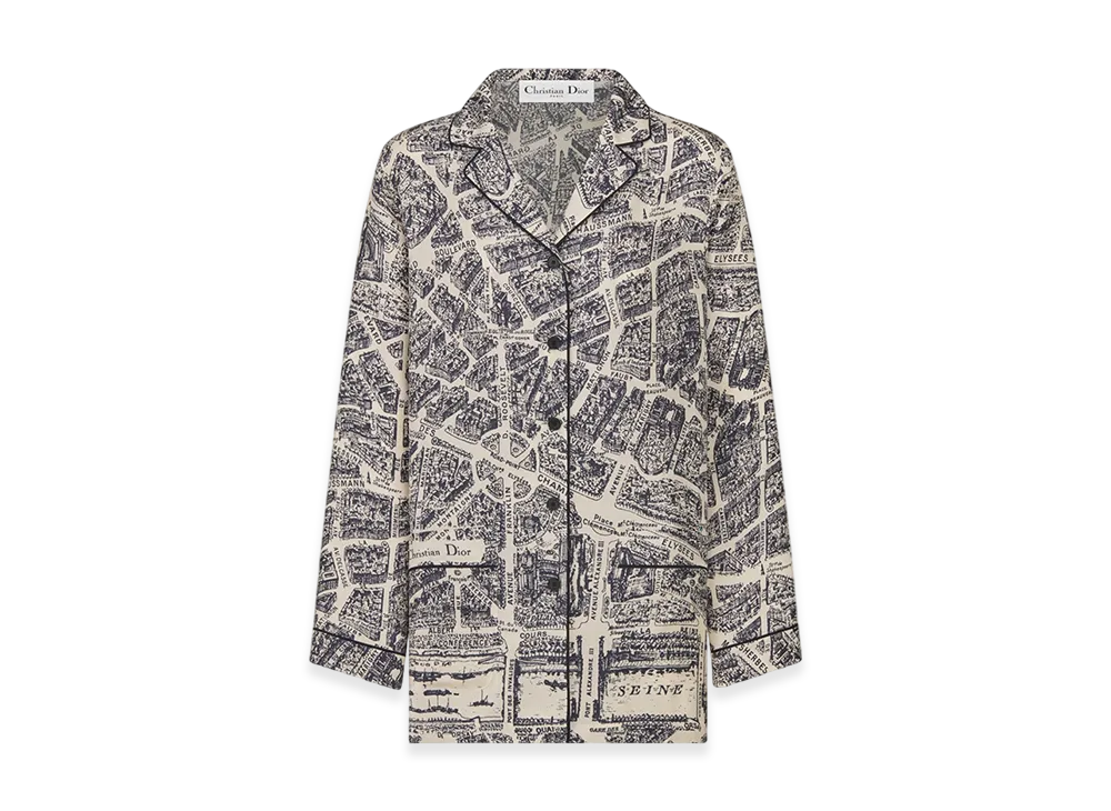 Dior Women's Shirt Silk Twill Plan Paris Motif "White/Navy Blue"