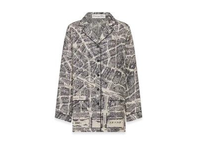 Dior Women's Shirt Silk Twill Plan Paris Motif "White/Navy Blue"