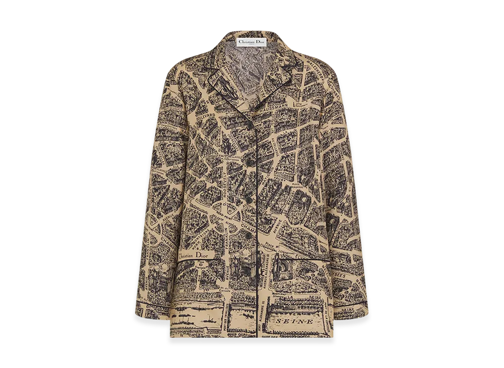 Dior Women's Chez Moi Shirt Silk Twill Plan Paris Motif "Beige/Black"