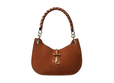 Jimmy Choo Varenne Hobo/S Suede And Raffia Hobo Handbag With Woven Handle "Dark Tan/Natural"