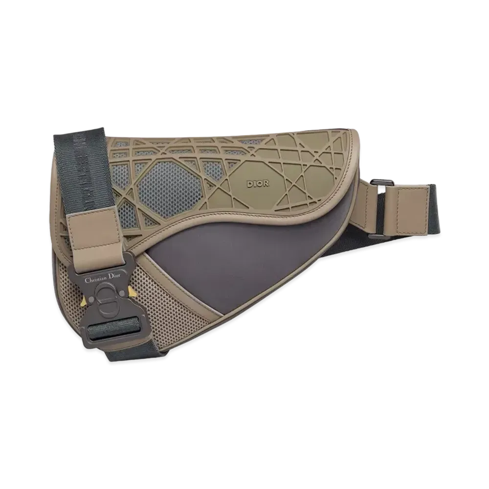 Dior Saddle Bag Deep Smooth Calfskin Upcycled Nylon Warped Cannage Motif Rubber "Gray/Beige"