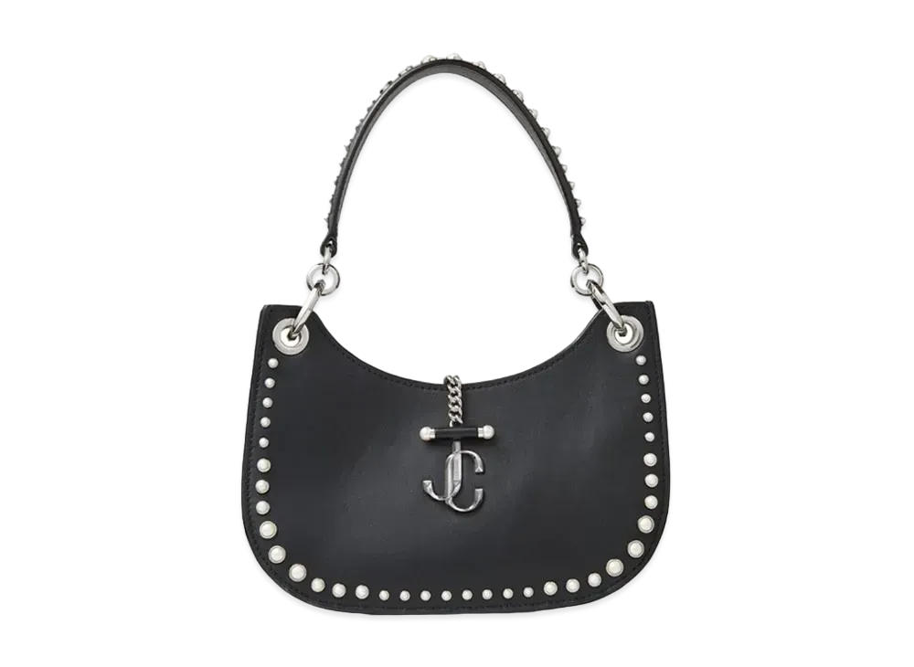 Jimmy Choo Varenne Hobo/S Calf Leather Hobo Handbag With Pearl Studs "Black"