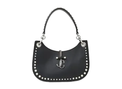 Jimmy Choo Varenne Hobo/S Calf Leather Hobo Handbag With Pearl Studs "Black"