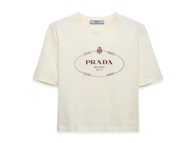 PRADA Women's Printed Jersey T Shirt "Ivory/Garnet"