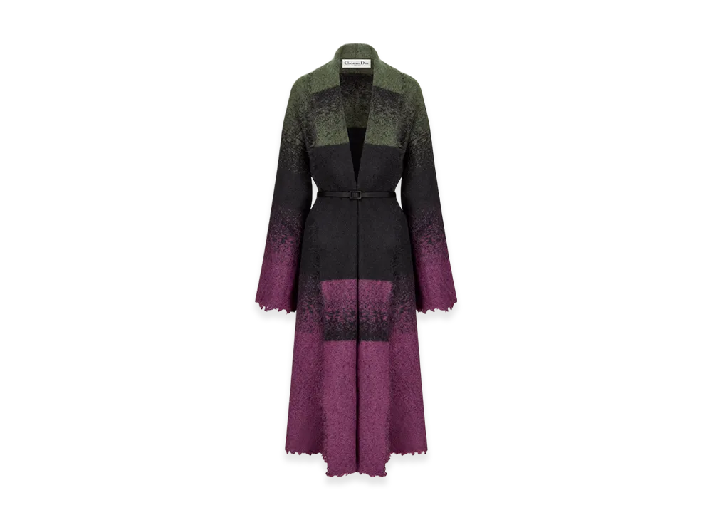 Dior Women's Belted Coat with Scarf Collar Technical Wool Felt Tie Motif "Deep Fuchsia/Green"