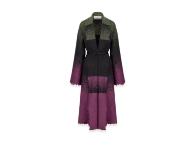 Dior Women's Belted Coat with Scarf Collar Technical Wool Felt Tie Motif "Deep Fuchsia/Green"