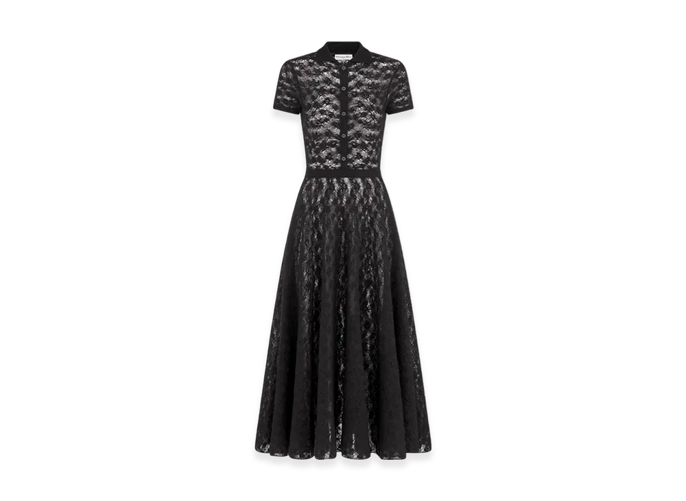 Dior Women's Mid-Length Flared Shirt Dress Technical Wool Openwork Knit "Black"