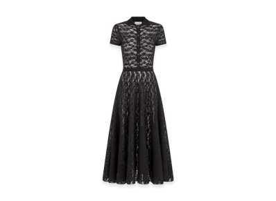 Dior Women's Mid-Length Flared Shirt Dress Technical Wool Openwork Knit "Black"
