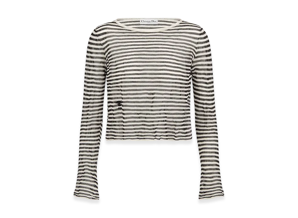 Dior Women's Mariniere Sweater Technical Silk Knit Crinkled Effect "Black/White"