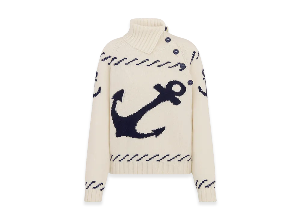 Dior Women's Turtleneck Sweater Wool Cashmere Knit Signature "Ecru/Navy Blue"