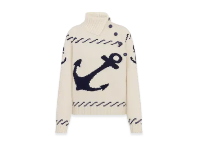 Dior Women's Turtleneck Sweater Wool Cashmere Knit Signature "Ecru/Navy Blue"