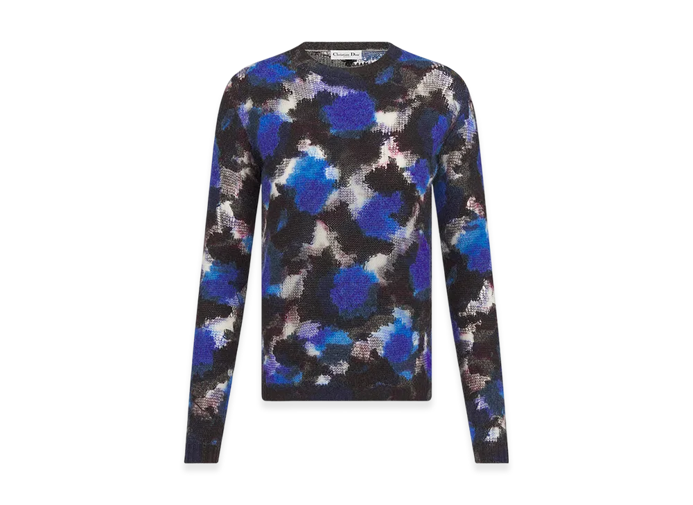 Dior Women's Sweater Technical Cashmere Mohair Wool Knit Roses Motif "Blue/Multicolor"