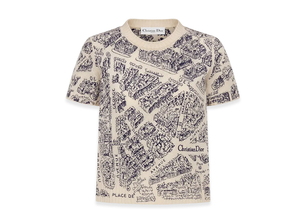 Dior Women's Short-Sleeved Sweater Cashmere Knit Plan Paris Motif "White/Navy Blue"