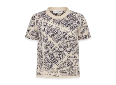 Dior Women's Short-Sleeved Sweater Cashmere Knit Plan Paris Motif "White/Navy Blue"