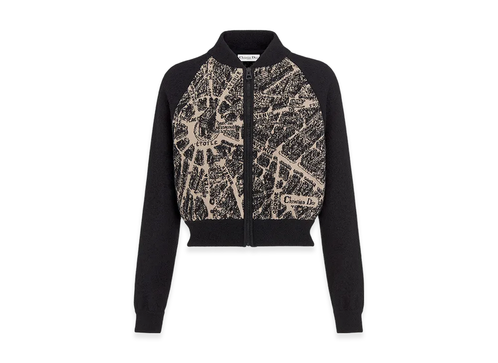 Dior Women's Bomber Jacket Technical Virgin Wool Knit Plan Paris Motif "Beige/Black"