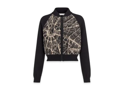 Dior Women's Bomber Jacket Technical Virgin Wool Knit Plan Paris Motif "Beige/Black"