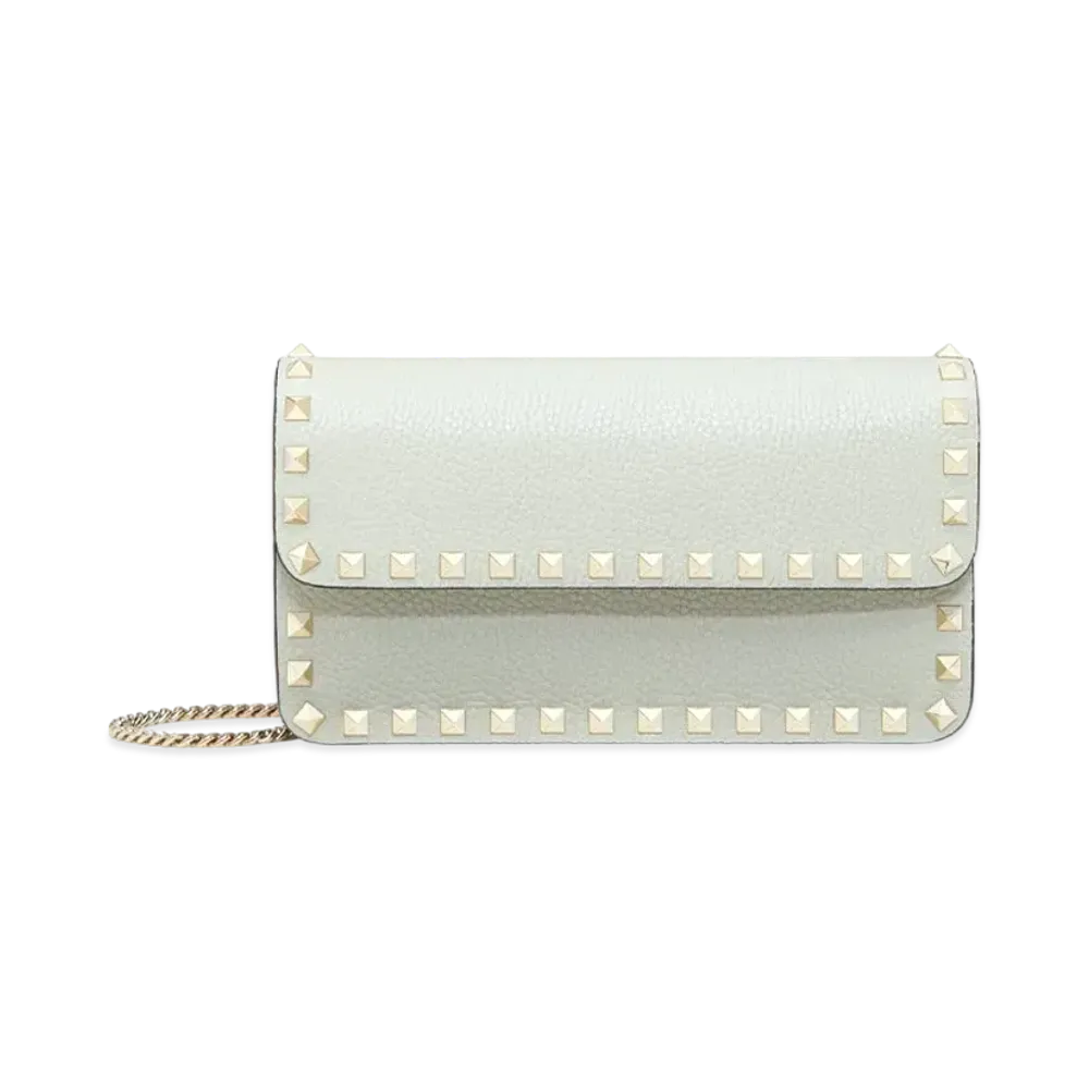 Valentino Rock Studs Grain Calfskin Chain Pouch "Opal Gray"