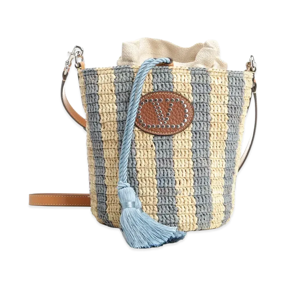Valentino Women's Small Bucket Bag Vlogo Signature Crochet Rafia /Lino/Vac.Liscia/To "Striped/Light Blue"