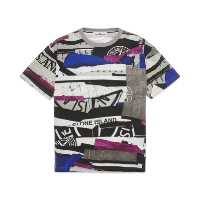 Stone Island 2NS88 COTTON JERSEY 'MIXED MEDIA ALL OVER' PRINT_SLIM FIT "Periwinkle"