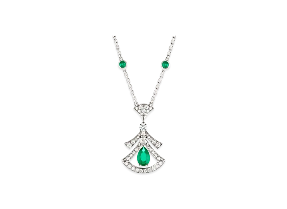 BVLGARI Divas' Dream Necklace With Pave Diamonds and Emeralds "White Gold/Green"