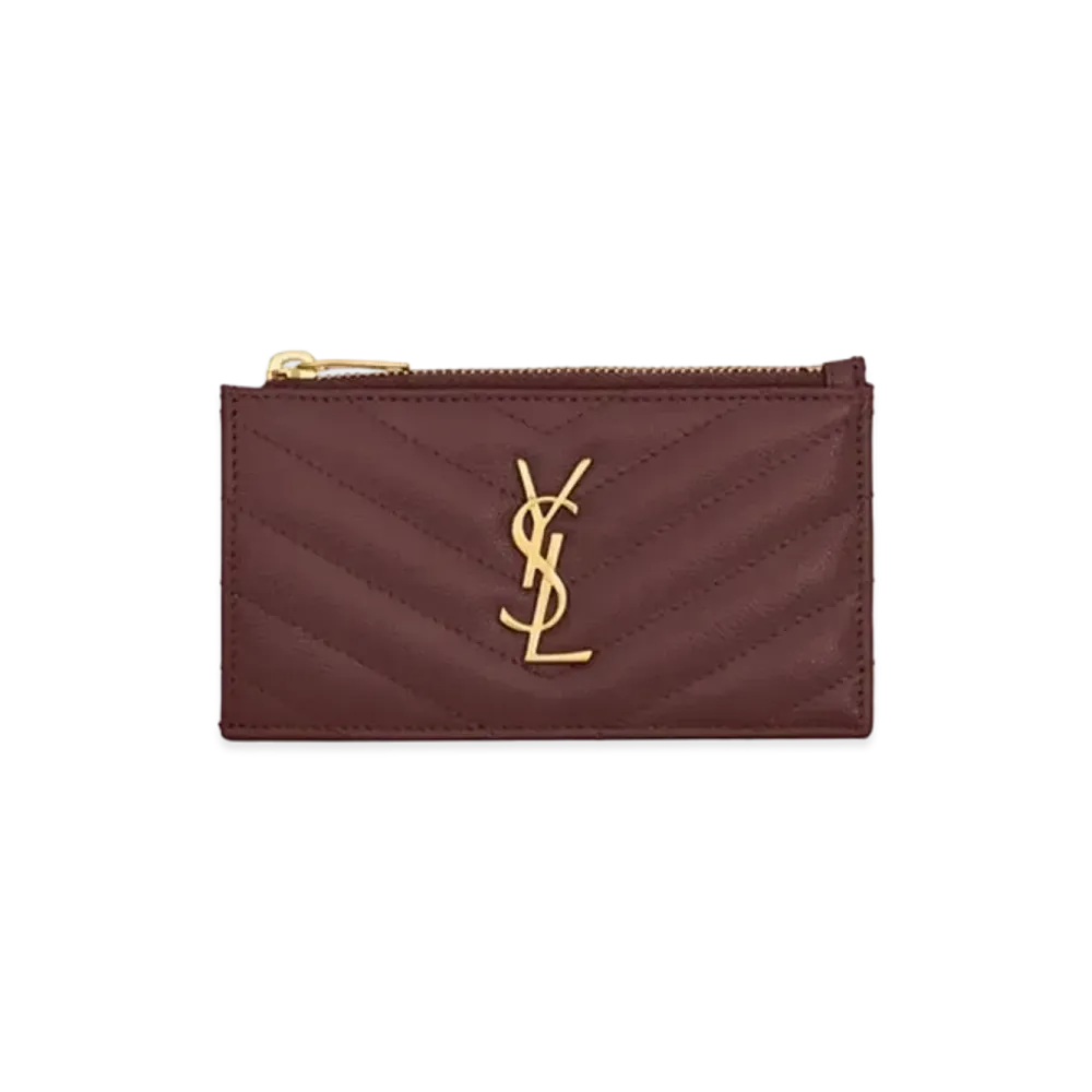 Saint Laurent Monogram Fragments Zippered Card Case In Grain De Poudre Embossed Leather "Rouge Legion"
