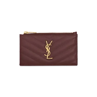 Saint Laurent Monogram Fragments Zippered Card Case In Grain De Poudre Embossed Leather "Rouge Legion"