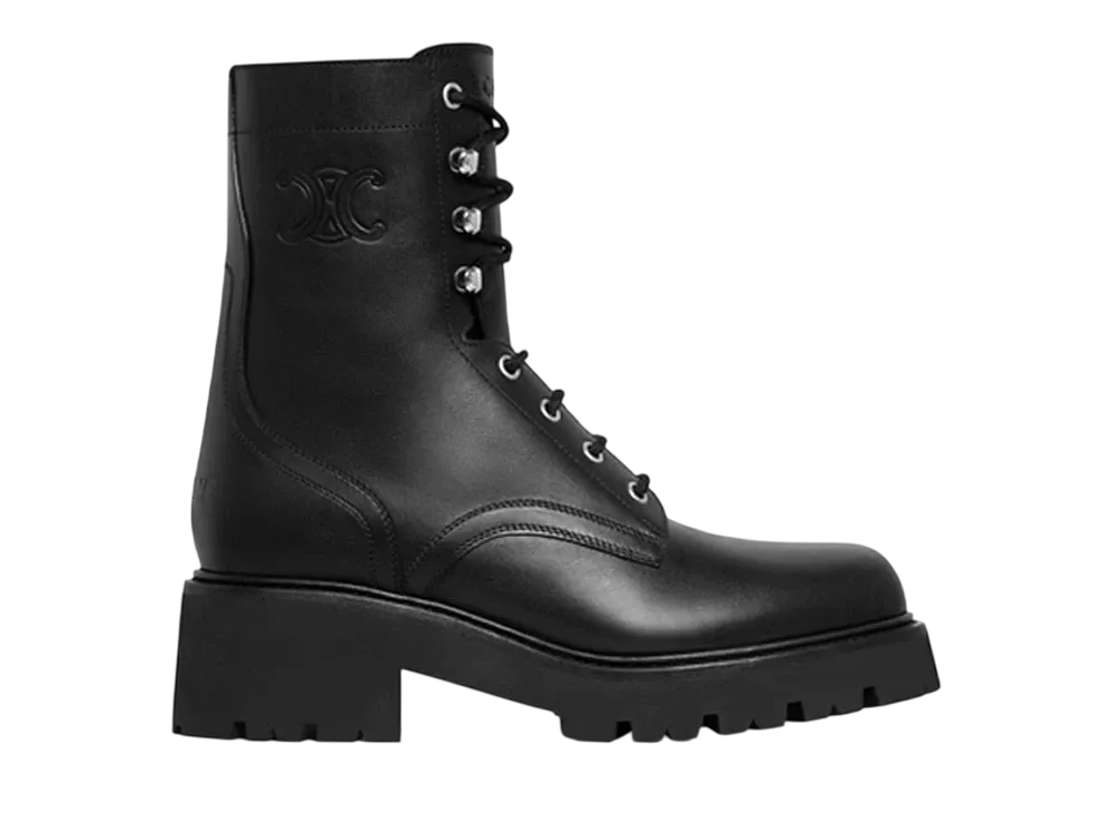 CELINE Women's Triomphe Rangers Mid Lace-Up Boot In Shiny Bull "Black"