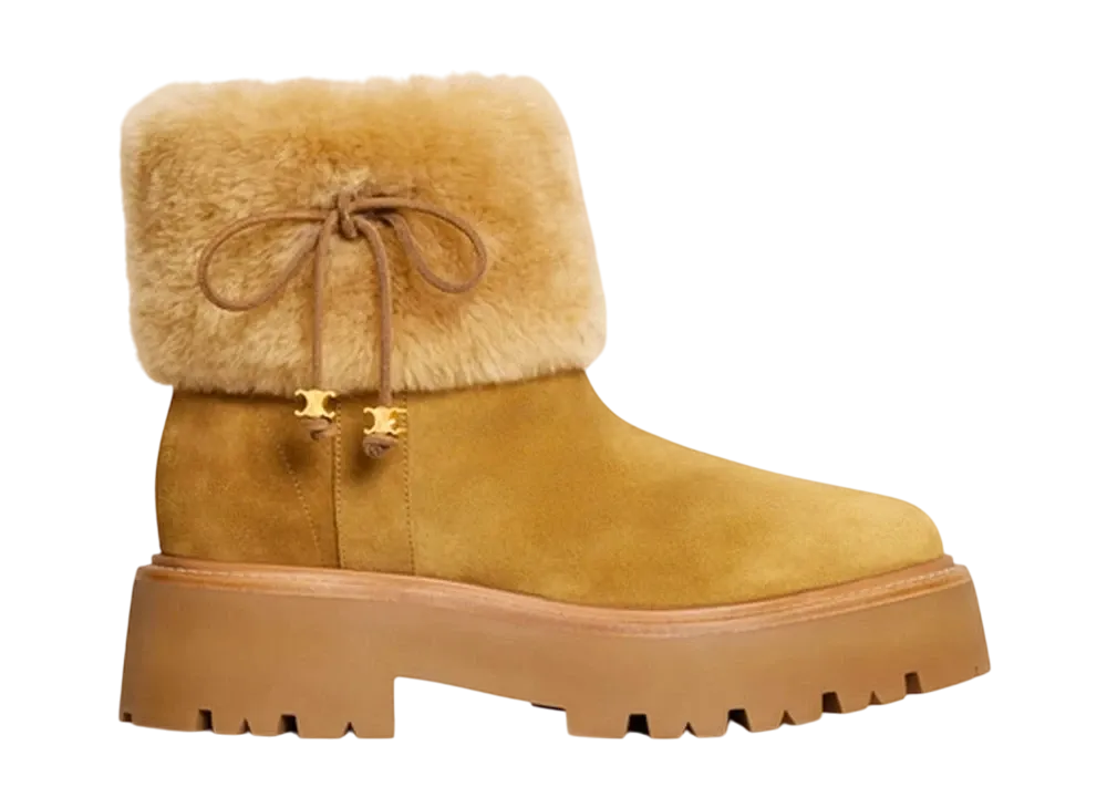 CELINE Women's Bulky Cropped Boot With Triomphe Tassels In Suede Calfskin and Shearling "Dark Havana/Cognac"