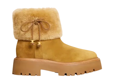 CELINE Women's Bulky Cropped Boot With Triomphe Tassels In Suede Calfskin and Shearling "Dark Havana/Cognac"