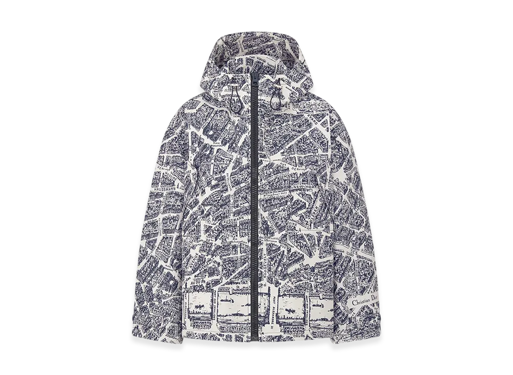 Dior Women's Hooded Anorak Technical Taffeta Jacquard Plan Paris Motif "White/Navy Blue"