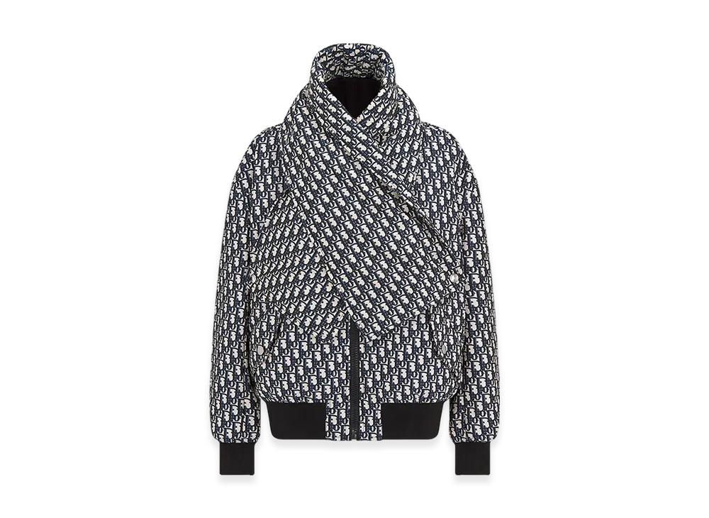 Dior Women's Bomber Jacket with Criss Cross Collar Technical Taffeta Jacquard Oblique Motif "Blue/Ecru"