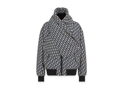 Dior Women's Bomber Jacket with Criss Cross Collar Technical Taffeta Jacquard Oblique Motif "Blue/Ecru"