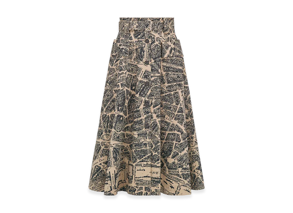 Dior Women's Mid-Length Flared Skirt Gabardine Plan Paris Motif "Beige/Black"