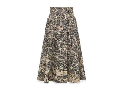 Dior Women's Mid-Length Flared Skirt Gabardine Plan Paris Motif "Beige/Black"
