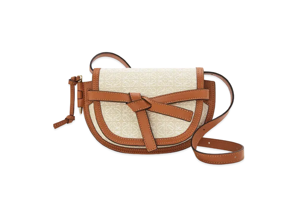 LOEWE Mini Gate Dual Anagram Bag In Jacquard And Calfskin "Ecru / Tan"