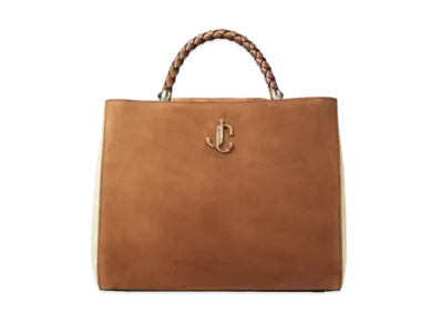 Jimmy Choo Varenne Top Handle L Suede And Raffia Hobo Handbag With Woven Handle "Dark Tan/Natural"