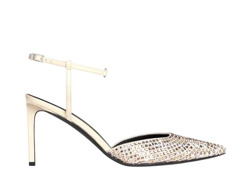 CELINE Women's Kitten Strap Pump In Suede Goatskin With Strass and Lambskin "Milk"