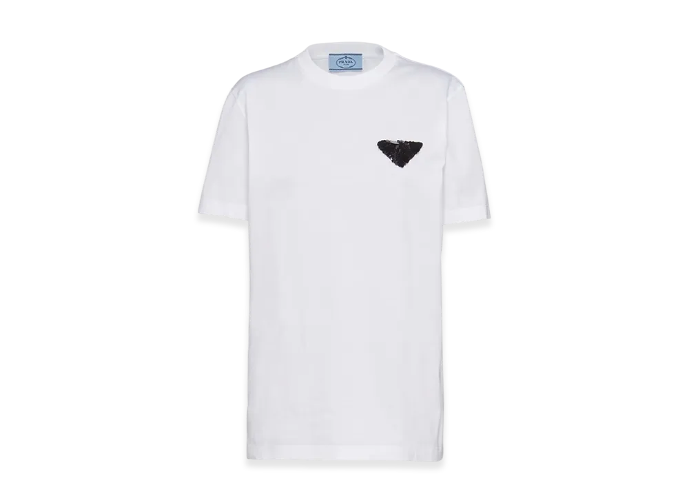 PRADA Women's Embroidered Jersey T-Shirt "White/Black"