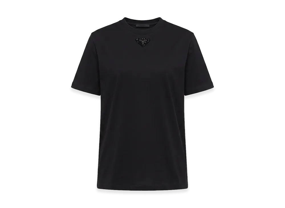 PRADA Women's Triangle Embroidery Crewneck Short Sleeve T-Shirt "Black"