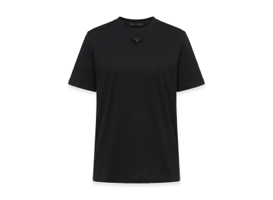 PRADA Women's Triangle Embroidery Crewneck Short Sleeve T-Shirt "Black"