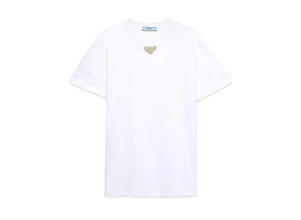 PRADA Women's Jersey T-Shirt with Embroidered Triangle "White"