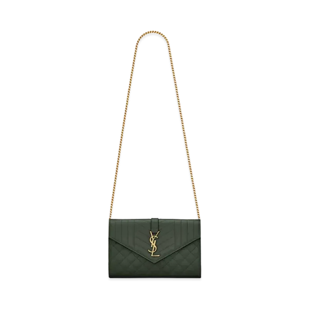Saint Laurent Monogram Chain Wallet In Mix Matelasse Grain De Poudre Embossed Leather "Dark Green"