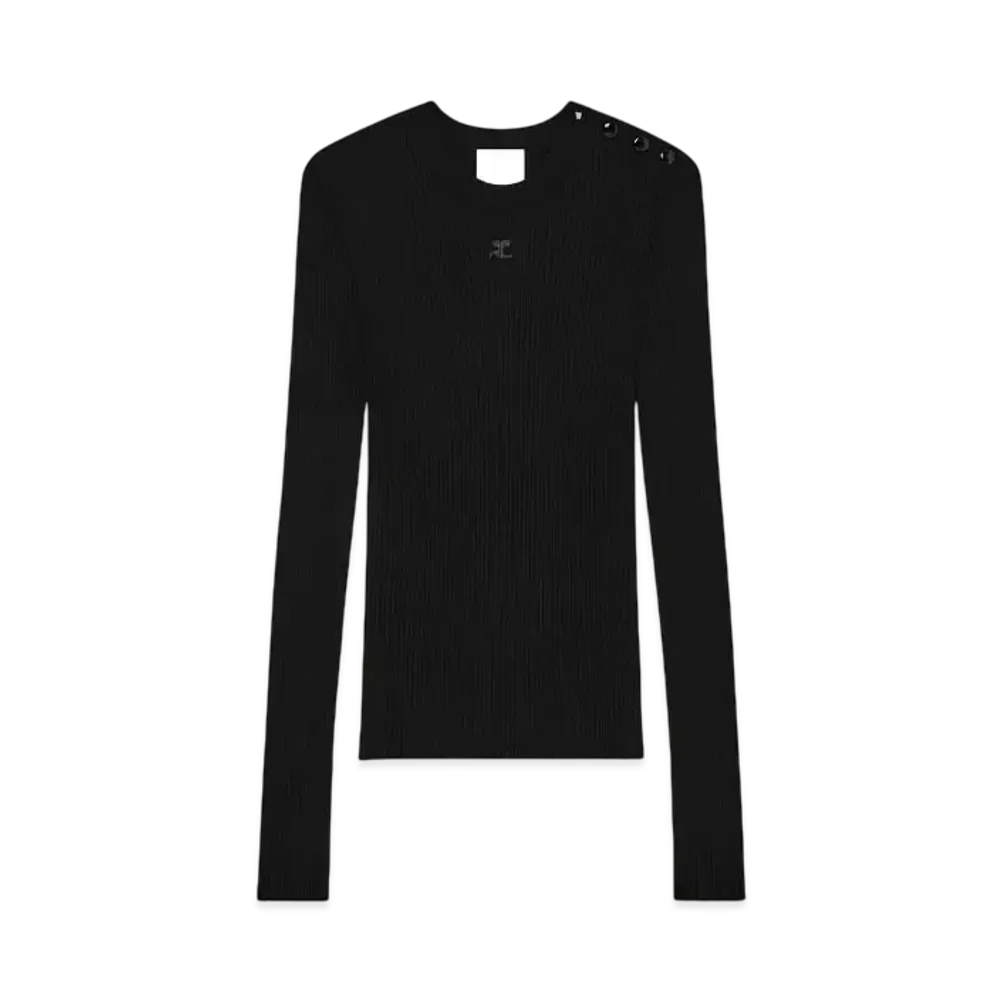 Courreges Shoulder Snaps Rib Knit Sweater "Black"