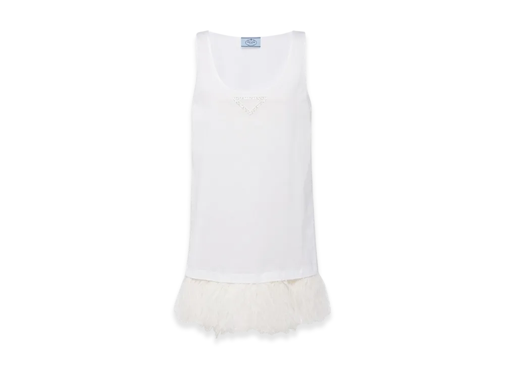 PRADA Women's Jersey Dress Feather Trim "White"