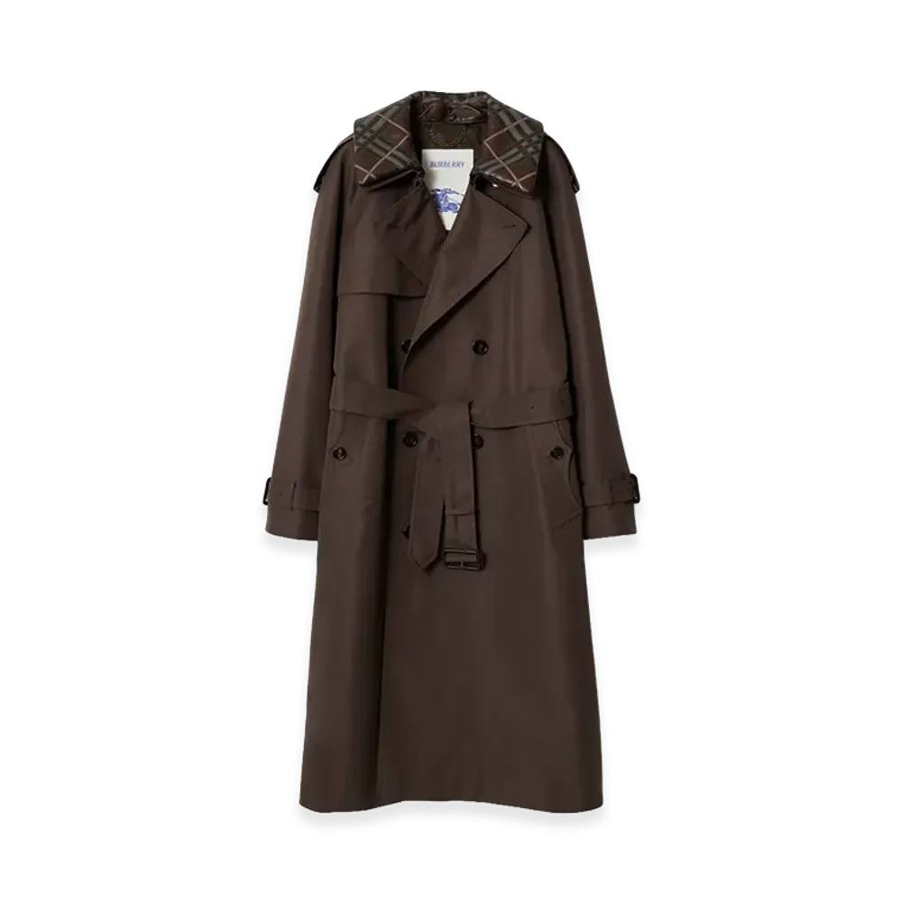 Burberry Long Check Collar Silk Cotton Trench Coat "Shade Brown"