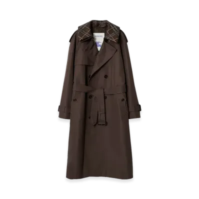 Burberry Long Check Collar Silk Cotton Trench Coat "Shade Brown"